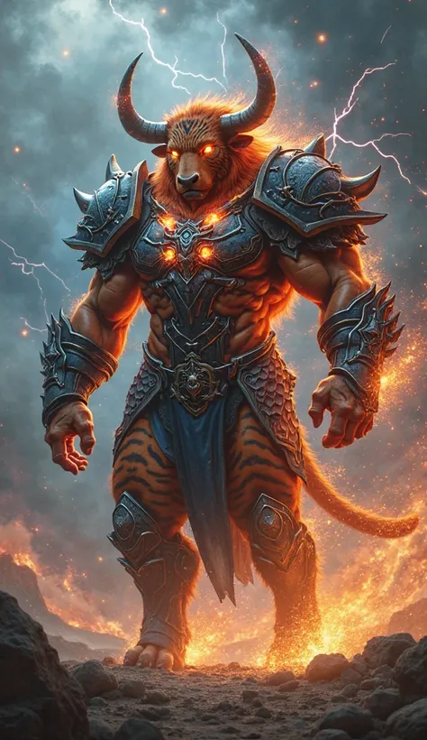 "A massive, muscular bull transformed into a powerful guardian, wearing an elaborate, dark suit of armor with glowing, runic symbols etched across its surface. The suit fits perfectly over its massive frame, with jagged, sharp edges that reflect its streng...