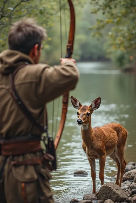 Hunter Shoots Arrow at Baby Deer**
- A hunter wearing traditional brown hunting clothes holds a wooden bow and shoots an arrow into the air.
- A baby brown deer stands by a river drinking water, looking calm before being startled.
- The arrow flies and hit...