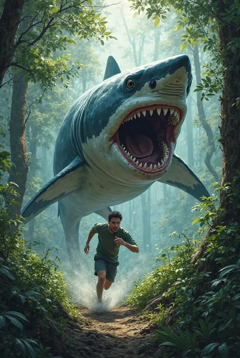 A shark chasing a man in the forest and the shark is the same size as the human