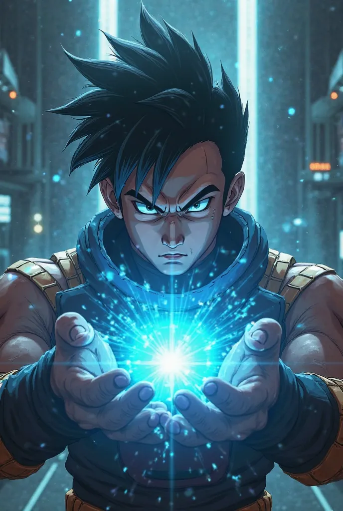 throw, first person,  point of view , Preparing a Kamehameha in a futuristic setting. The hands then preparing the blue energy
