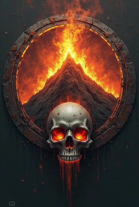 Make a round symbol, In this symbol place a mountain on fire and a skull just below