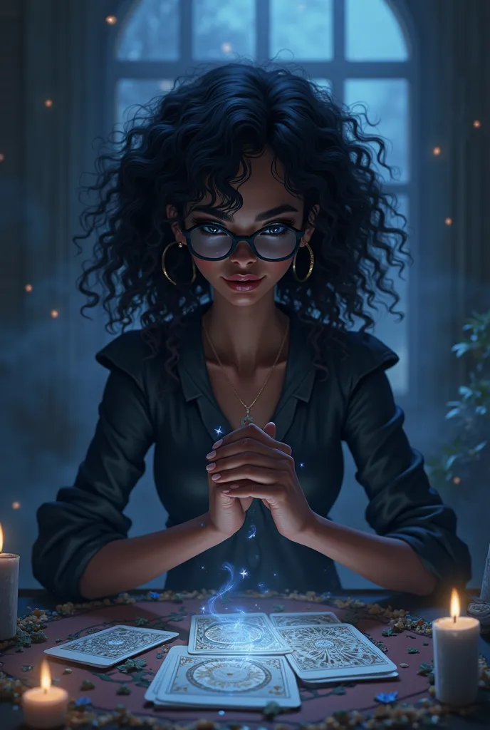 An animated profile picture that complements the image of a tarot reader doing a dark-skinned tarot reading,  dark eyes, curly hair at the ends and with navy blue lenses 