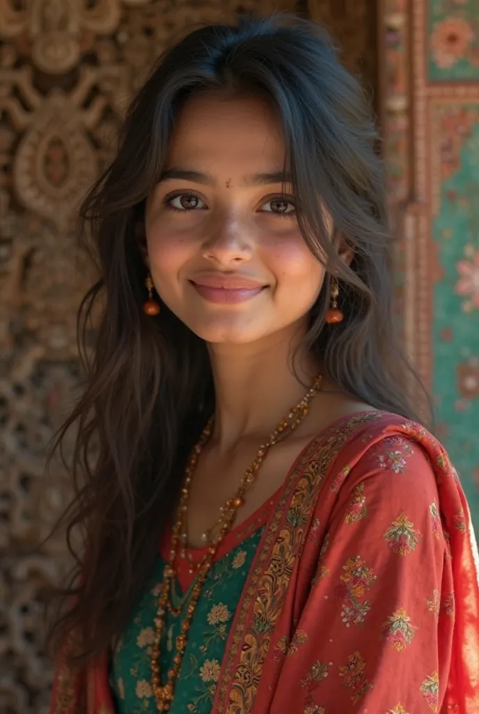 
"Create a highly detailed, photorealistic image of a beautiful Indian girl with a warm and gentle smile. She should be wearing a outfit, such as a salwar kameez or a tshirt and jeans, in a vibrant color like red, green, or blue. Her hair should be long an...