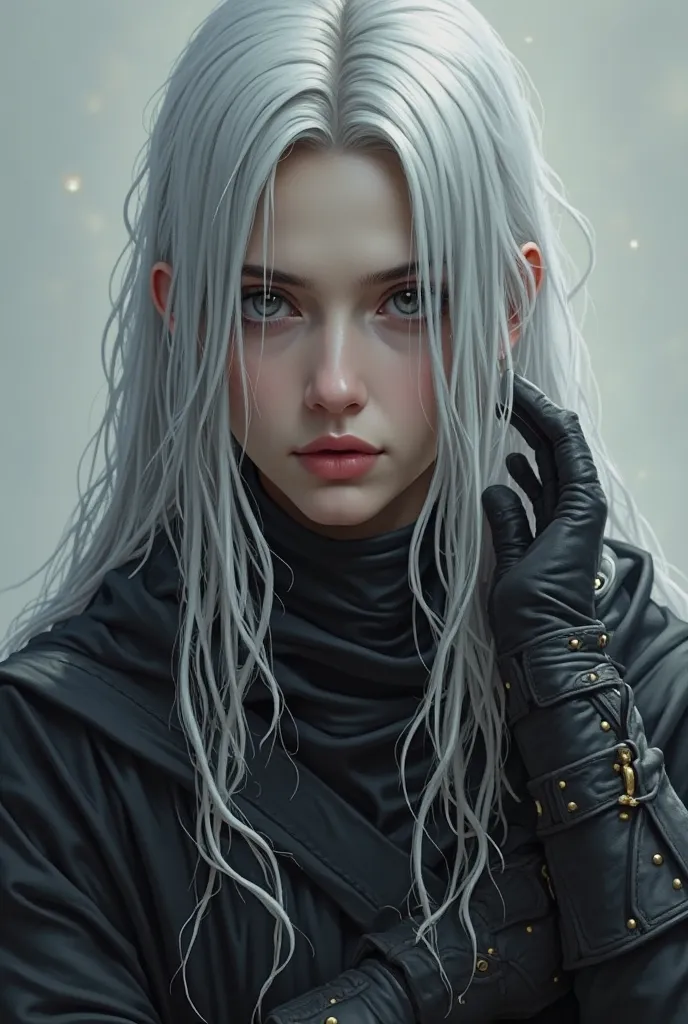  Realistic , white , straight gray hair and gray eyes ,black clothes , warrior , reddish lips , roots from the beginning of the arm to the height of the neck,  wearing clothes with long sleeves and gloves that leave only the fingers out 