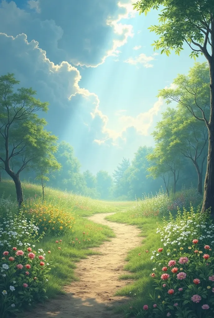 A serene and spiritual image for the beginning of the month of March, with a clear and soft blue sky, illuminated by rays of sunlight. In the background,  A tranquil landscape, with flowers blooming, green trees and an illuminated path that symbolizes the ...