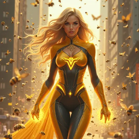 Woman with long and blond hair she is dressing up as a superhero with superpowers and bees everywhere 
