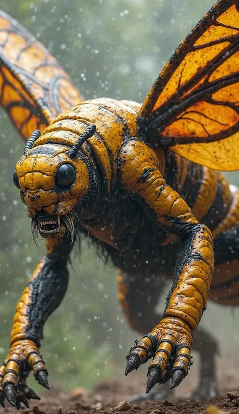 A terrifying fusion of a tiger and a bee emerges, combining the deadliest traits of both creatures. This monstrous hybrid has the muscular frame and ferocious claws of a tiger, but its body is covered in dense, golden-black chitin armor, resistant to any a...