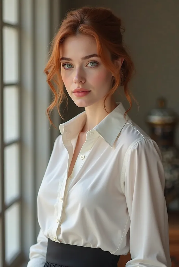 A uk beautiful girl at 25 age wearing office formal white shirt with tie and skirt 