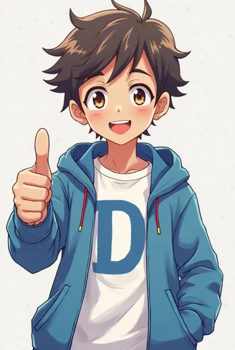 Change my Minecraft skin into anime boy with blue hoodie and wearing a white shirt with letter d on it skin color is brown  shown tumb up