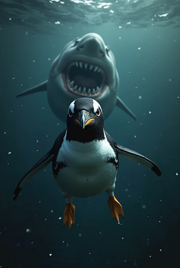 The penguin swims underwater towards the viewer and looks at us, behind him is caught up by a shark, she is hidden in the water darkness, but we see her open jaw