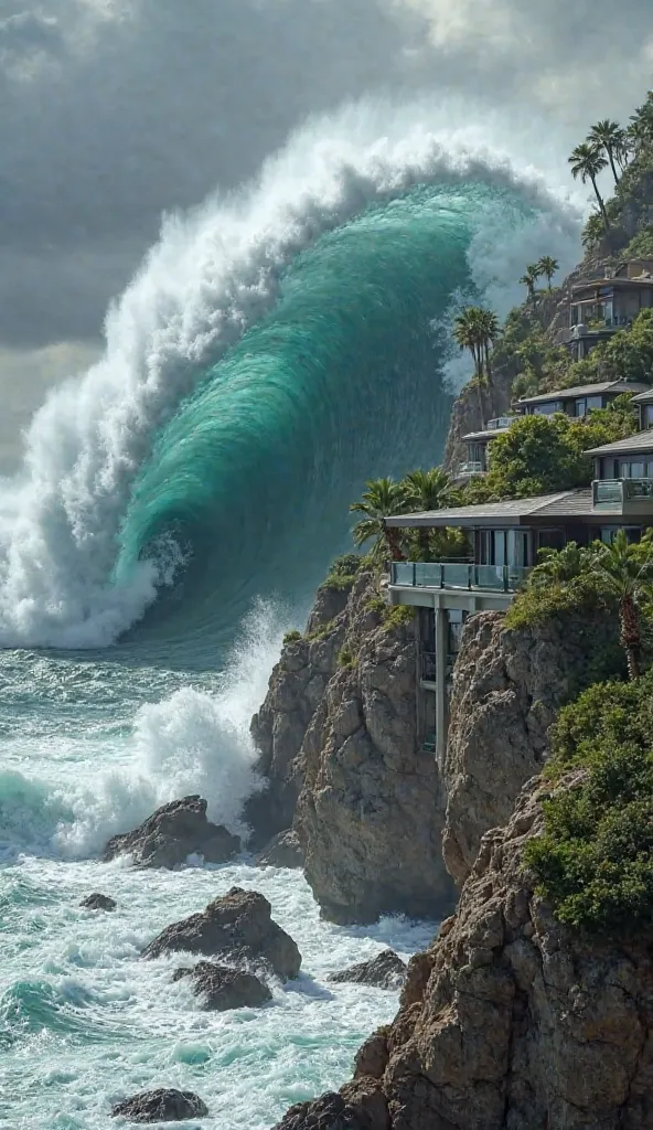 A hyper-realistic photograph of a massive tsunami slamming into a luxurious cliffside neighborhood,
resembling the coast of California. A monstrous dark blue-green wave, packed with white foam,
rises violently, dwarfing the sleek, modern mansions perched o...