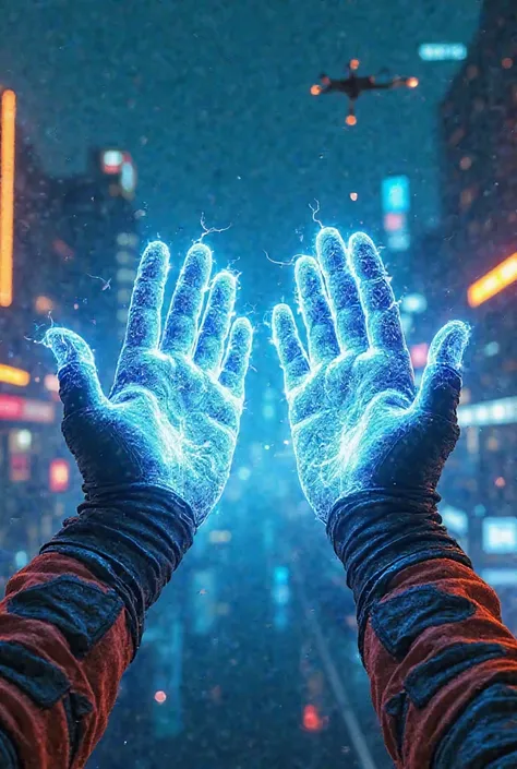 First-person view of a warrior preparing a Kamehameha. Your hands glow with intense blue energy, with electrical rays crackling between the fingers. The Scenery is Futuristic, with neon buildings in the background and drones flying in the dark sky. The ene...