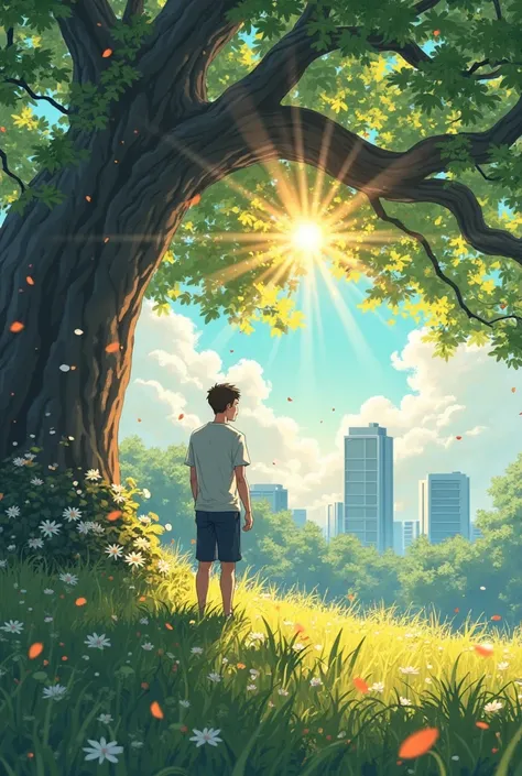 The young man, dressed casually, stands beneath a mighty tree with sprawling branches. The sunlight pierces through the leaves, creating golden beams of light that scatter across the grass. The city ahead is lively yet distant, its glass towers reflecting ...