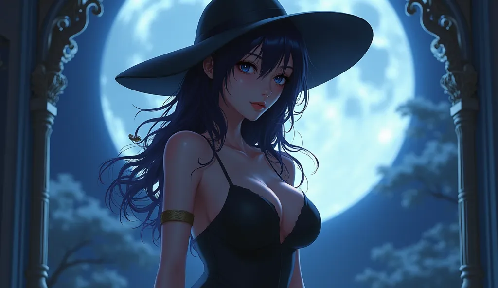 Beautiful Kaldunya anime girl with black long hair with a big hat with big breasts and booty in a black tight erotic dress at night with a bright blue moon