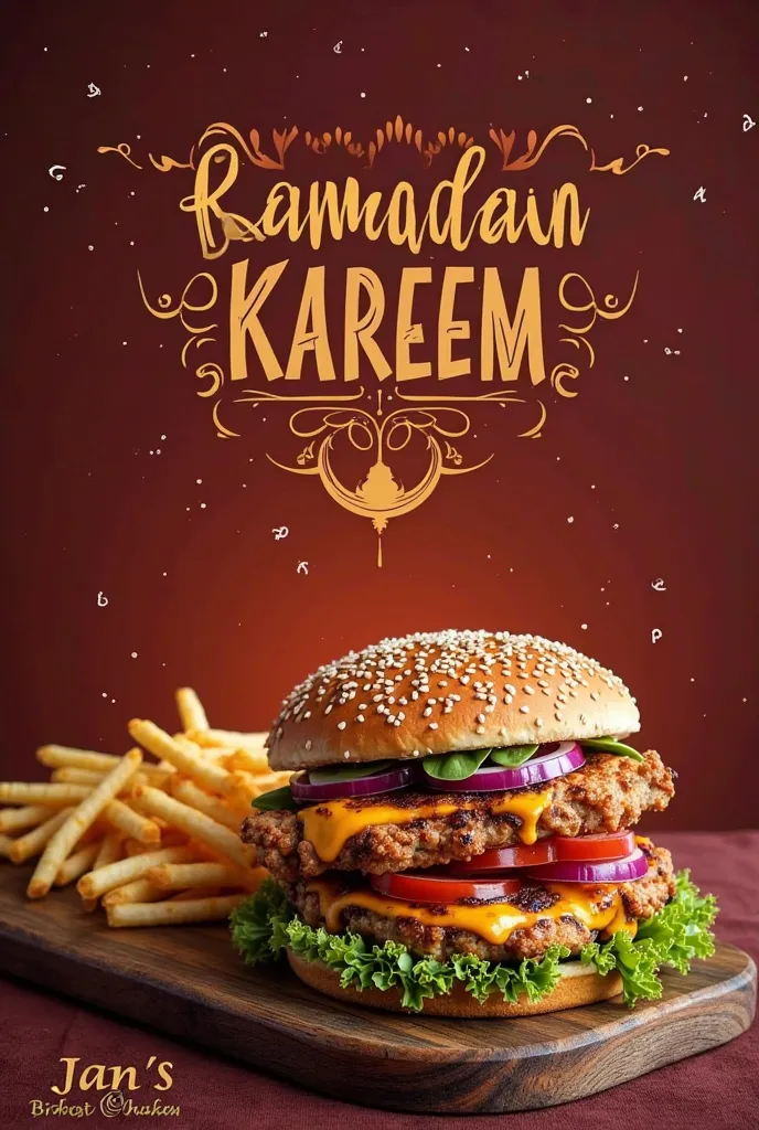 Would you make an image in which Ramadan Kareem wishes would be eloborate in our restaurant banner by name of “Jan’s Broasted Chicken” our logo should be in maroon colour and our favourite food item like Broasted chicken and crispy burger should be elobora...