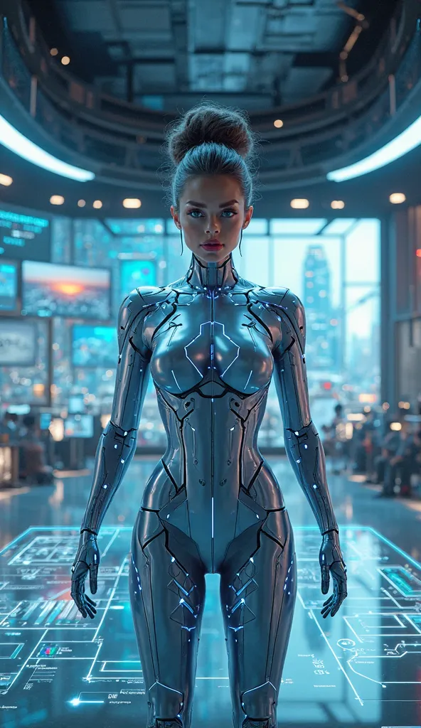 Create an image of a female Artificial Intelligence Avatar in a high-tech control room, surrounded by an array of holographic screens and advanced technology. She stands confidently at the center, embodying both intelligence and authority. Her skin has a s...