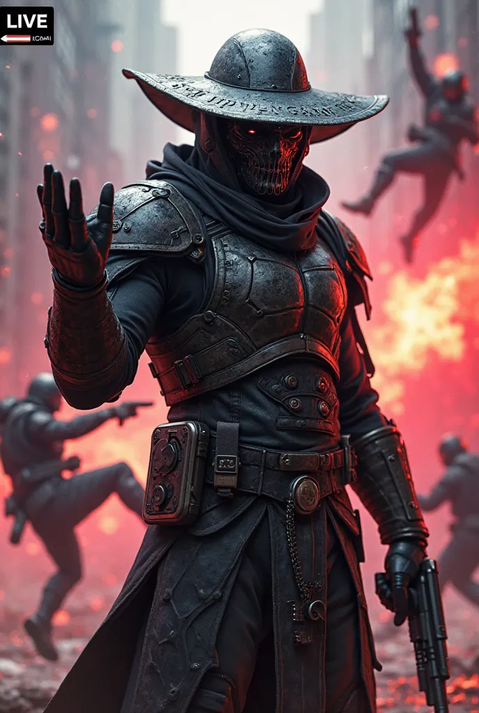 A futuristic warrior in a dark, tactical outfit with intricate details, wearing a wide-brimmed metallic hat and a mask that hides his face. The character stands confidently in the foreground, making a hand gesture while holding a high-tech pistol. The back...