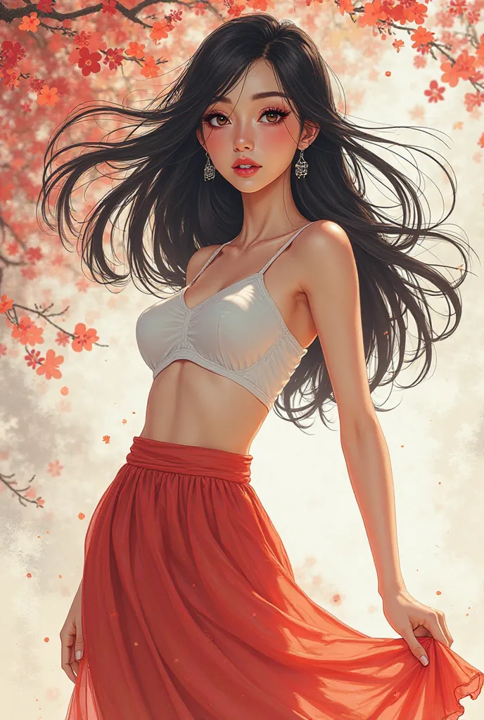 Drawing female manhua, black hair , flexible eyes,  beautiful, Caucasian, wear a skirt 