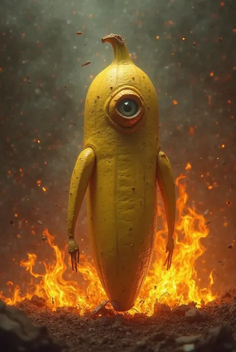 A banana with one big foot and one big eye standing in the fire