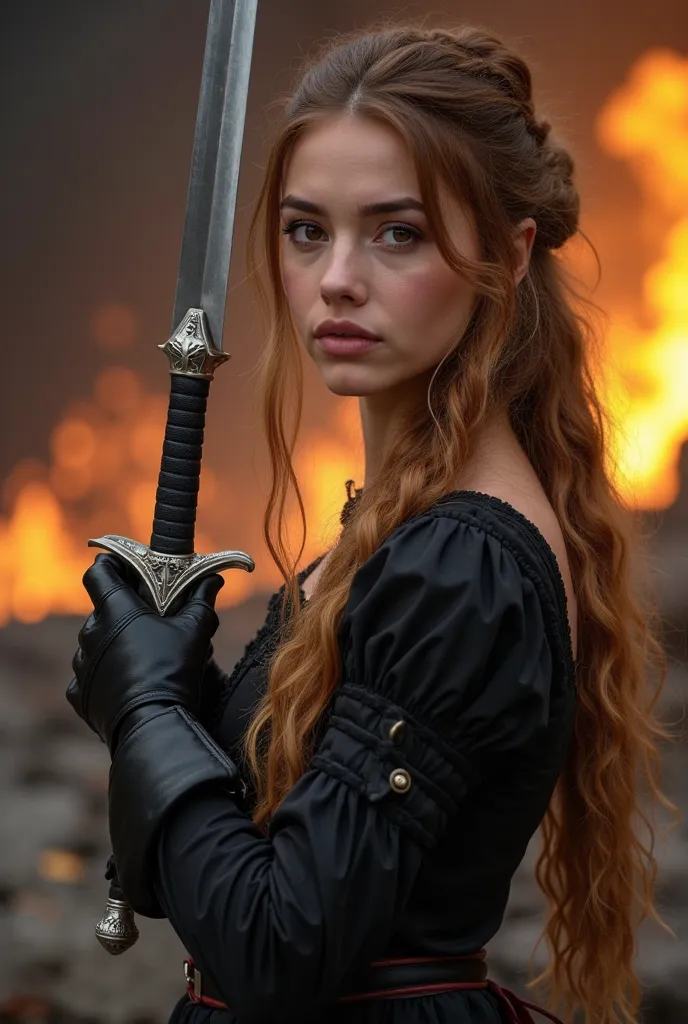 Attractive Hispanic woman, in her early twenties, with long, light chestnut hair cascading down her back and brown eyes. She wears a simple black 16th-century costume, holding a rapier with a silver swept guard in her right hand. The pommel of the sword is...