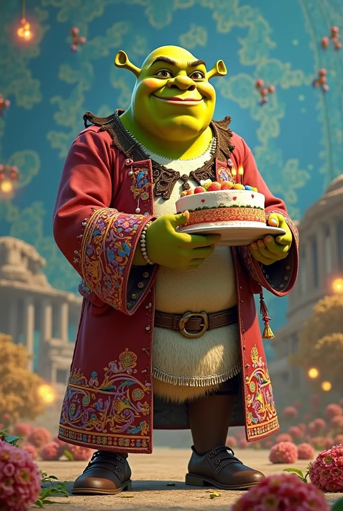 Make a shrek dressed in Kazakh clothes with Kazakhstan's color attributes with a cake