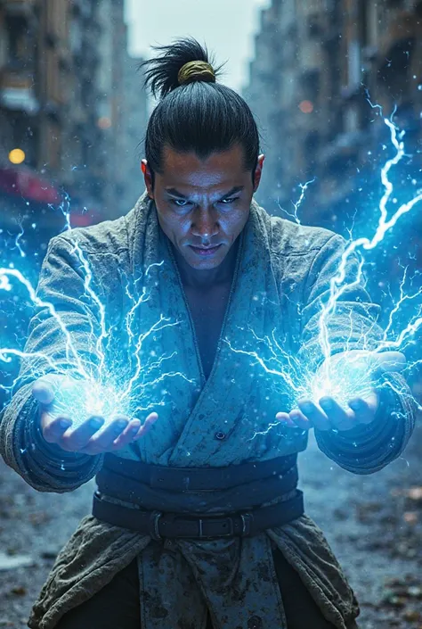 First-person view of a warrior preparing a Kamehameha. Your hands glow with intense blue energy, with electrical rays crackling between the fingers. *GTA V first-person style*