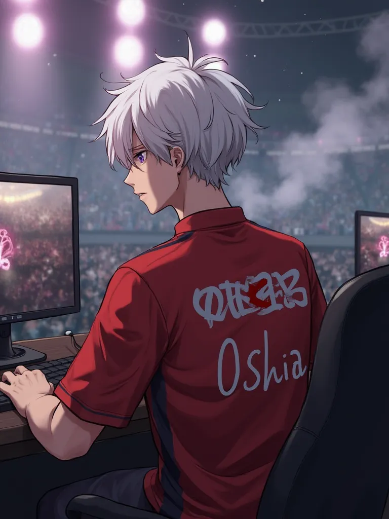 A realistic male anime character with short, white hair, Sitting in front of a computer, The red shirt with black details, On the back of the shirt written 2K 0Shiia, A 2K logo with red and white details on the shirt, The background scene an audience and l...