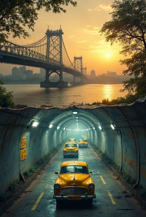 Prompt:
"A surreal composite digital artwork blending Kolkata’s historic charm with futuristic elements. The top half features the iconic Howrah Bridge at sunset, with golden hues reflecting off the Hooghly River and lush tree branches framing the scene. T...