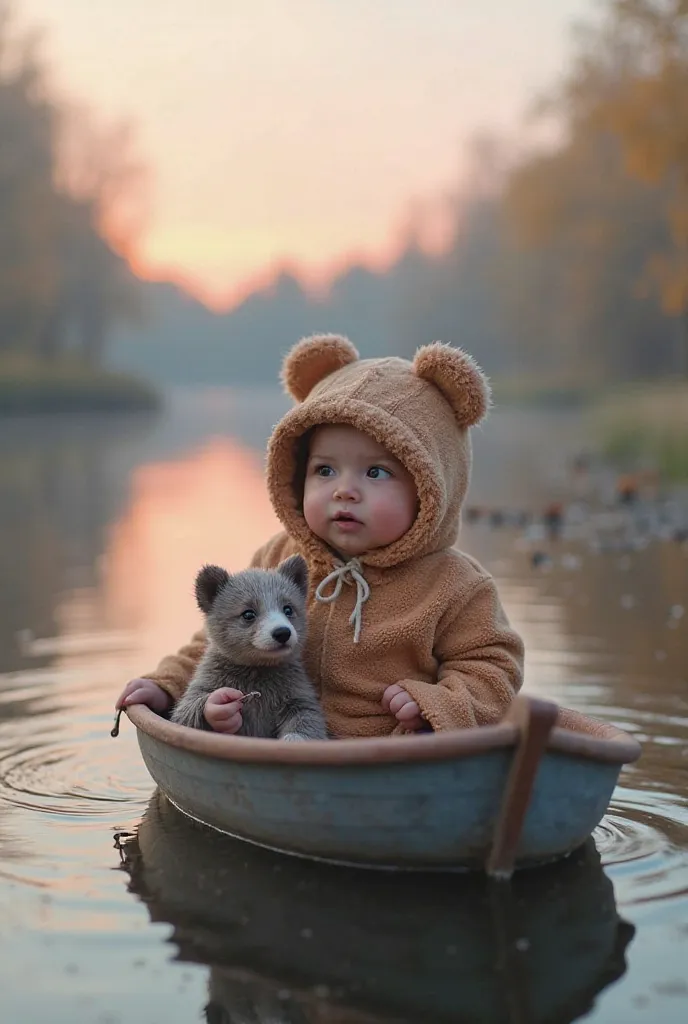 a cute and extremely realistic baby wearing a bear costume including a hoodie with little ears, it is in a small boat and on its side an extremely cute little bear cub. The setting is a river on an afternoon with a pink blue sky