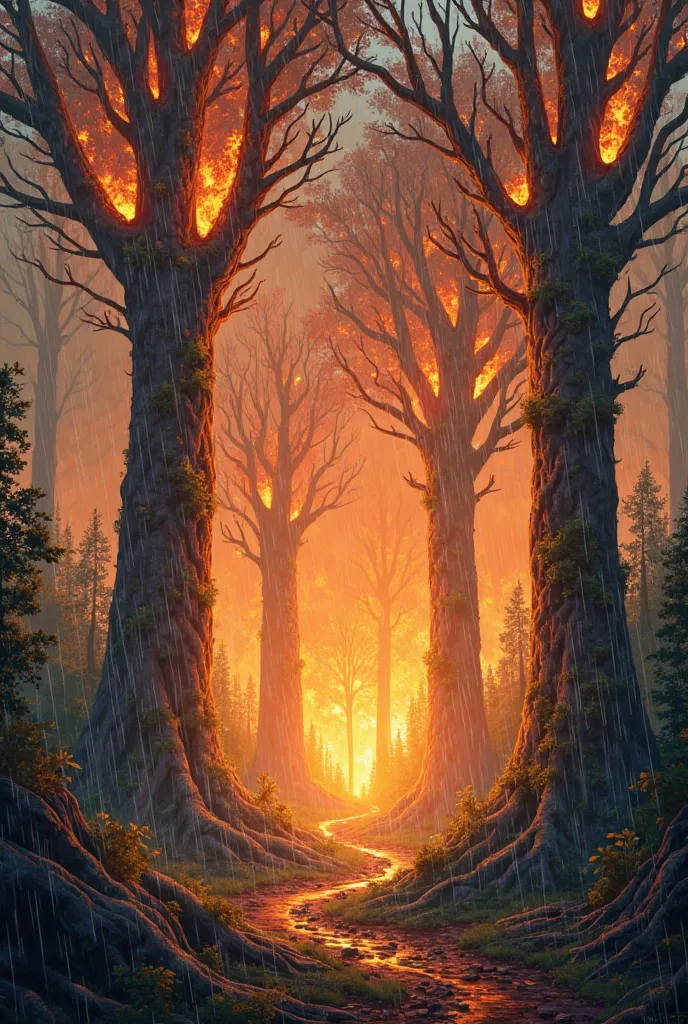 Wallpaper of a fiery forest, With rain and a windstorm