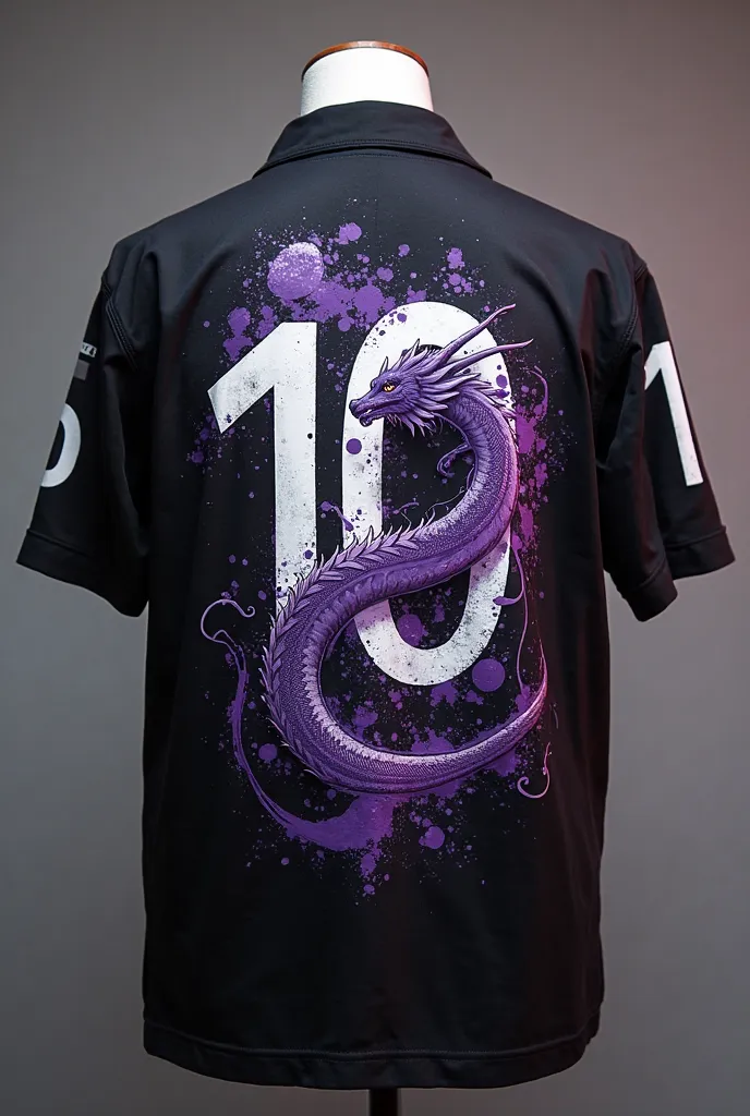 black and purple double-sided shirt with the number ten on the back painted white and with a dragon drawn on the back 