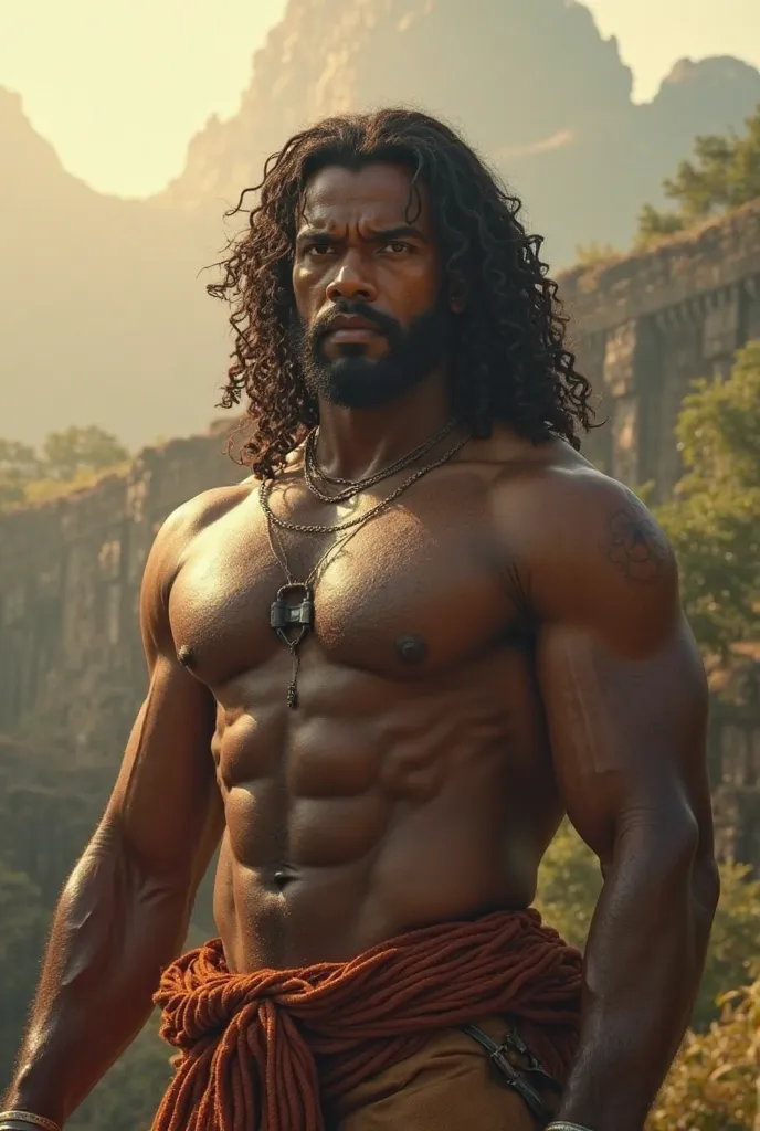 A towering and powerful warrior with a towering height over 6 feet, broad widen shoulders, and a muscular, well-defined body. He has sri lankan face and a strong jawline, high cheekbones, and an intense gaze with sharp, eagle-like eyes. His long, curly hai...