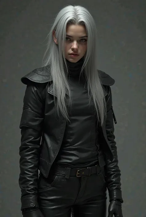  very realistic ,between 15 and 18 years old, white , long straight gray hair and gray eyes ,black clothes BLACK ROOTS at the beginning of the arm up to the height of the neck,  wearing clothes with long sleeves, leather clothes and loose leather pants and...