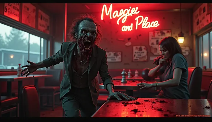 Thumbnail Design Concept:
1.	Background:
o	A dark, eerie diner interior with broken furniture, shattered glass, and blood splatters on the walls and floor.
o	The diner’s neon sign (e.g., "Maggie’s Place") flickers in the background, casting a red glow.
2.	...