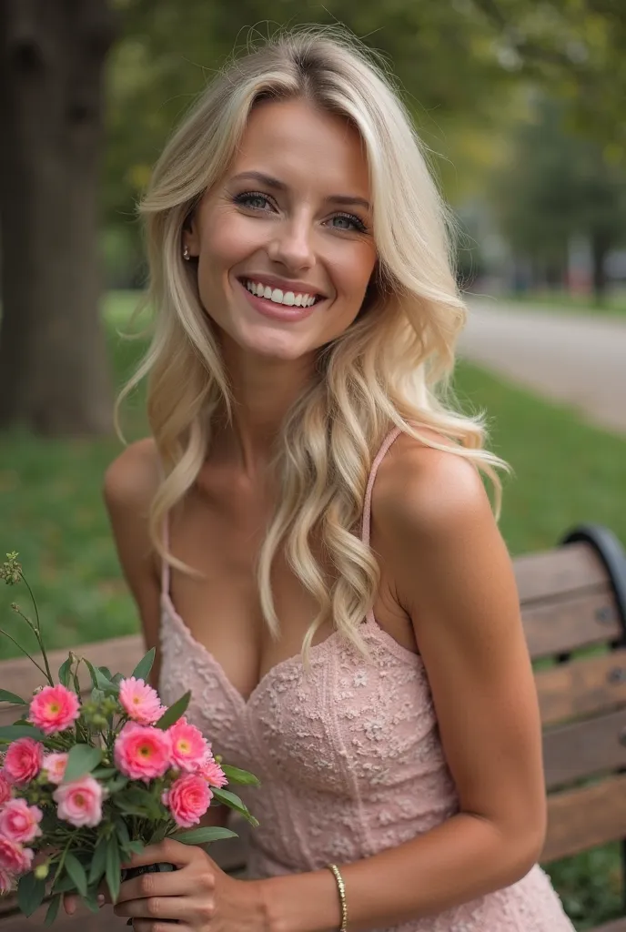 woman is sitting on a bench with flowers,  profile picture , Alina Ivanchenko, Anna Nikonova,  beautiful and smiling ,  Viktoria Gavrilenko , charming smile,  Anastasia Ovchinnikova , Catherine, , Elena Belova,  with a beautiful smile ,  angelina stroganov...