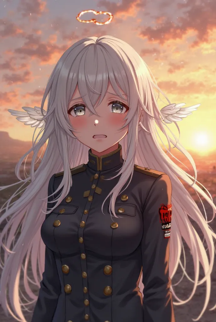 노을이 지고 있는 배경에서, A woman with long white hair and gray eyes with white wings is wearing a black military uniform. Picture her falling with tears and a smile. The overall atmosphere is sad and beautiful, Let her emotions be clearly revealed in the background...