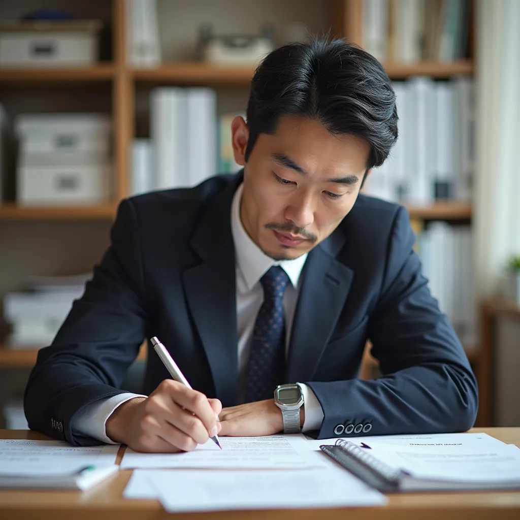 「Sitting at a desk、Japanese man staring at documents。running his pen with a calm eye、sharp expression that eliminates unnecessary emotions。An orderly office spreads out in the background、looks like he is making a rational decision。」