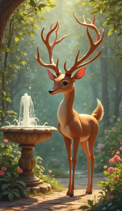 Make a deer with horns, next to a fountain with water, Disney pixar style