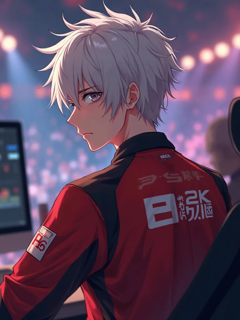 An ultra-realistic male anime character with short, white hair, sitting in front of a computer looking to the side, Serious face on your face, The red shirt with black and white details, On the back of the shirt written 2K H0Shiia, A 2K logo with red and w...