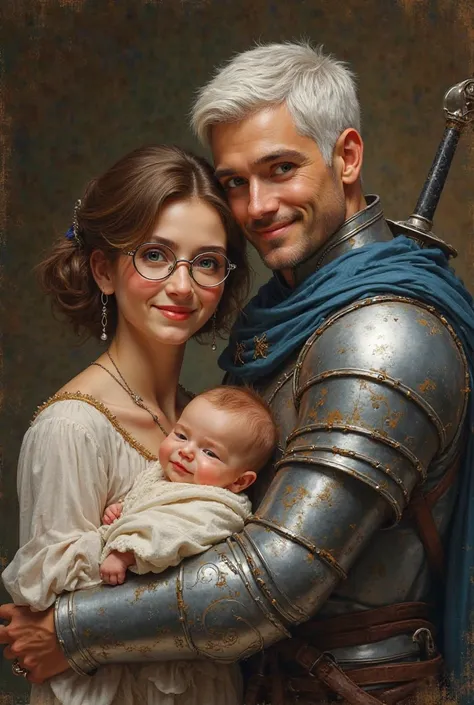  I would like an image of two people, a man and a woman, a portrait as a relative of a Kingdom, the woman is a little older than 30 years old, has short brown hair, a blue aori with little glasses and smiling, she was beautiful with a baby in her arms, the...