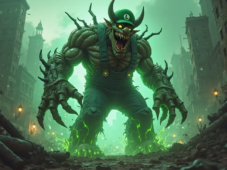 A terrifying, monstrous version of Luigi stands in the middle of a ruined, nightmarish battlefield, his body grotesquely mutated beyond recognition. His once green cap is tattered, barely hanging onto his head, revealing twisted, dark horns sprouting from ...