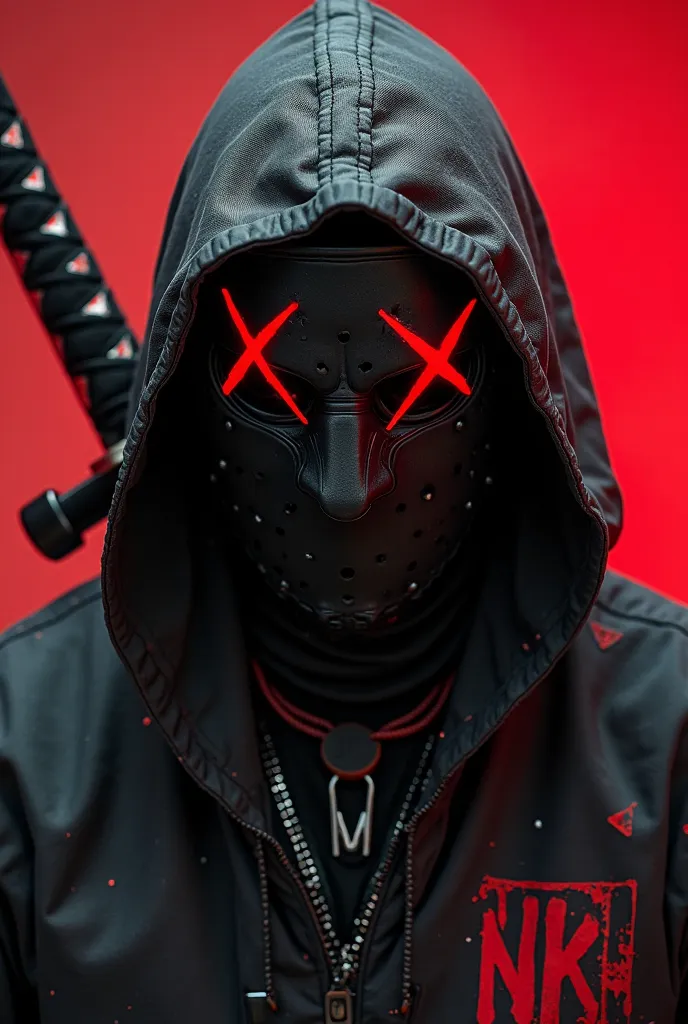 Can create the image of a masked person with a black and red mask, then the person wearing a shiny katana on their back, wearing social clothing/From ghetto/ cool , and has blood red and black or white? And that somewhere has the acronym NKT