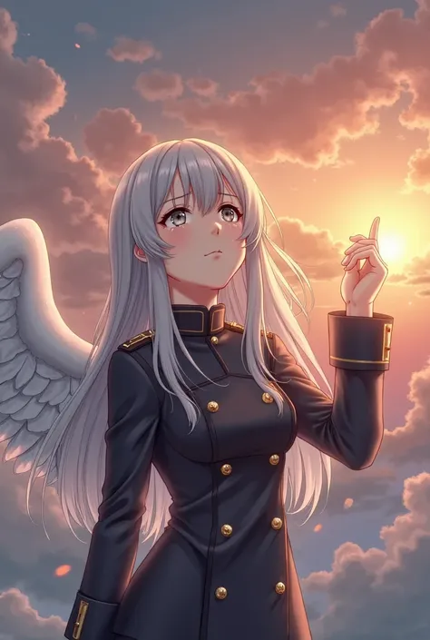 In the background of the setting sun, A woman with long white hair and gray eyes with white wings is wearing a black military uniform. Please draw a scene where she is falling from the sky while shedding tears with sad eyes, reaching out to the sky. The ov...