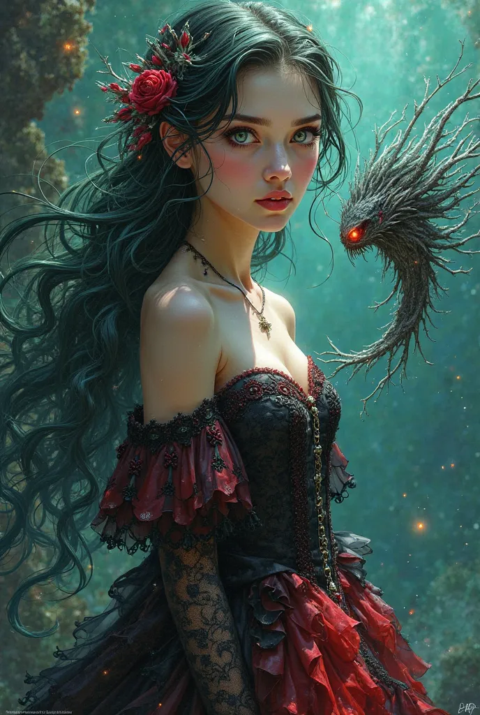 a girl with a black and red gown with a green and red and blue hair has a sea creature beside her and has a blue and red eyes 