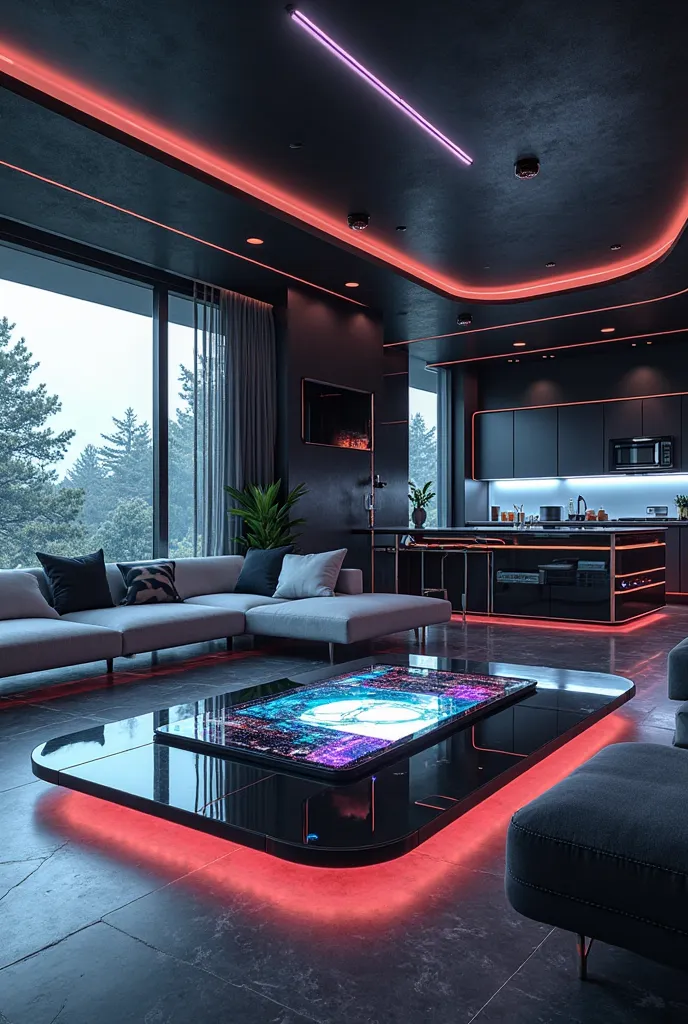 "A sleek and futuristic open-concept living room and kitchen with cutting-edge technology and modern luxury. The living area has a modular smart sofa with built-in speakers, a glass-top coffee table with integrated LED lighting, and a high-definition float...