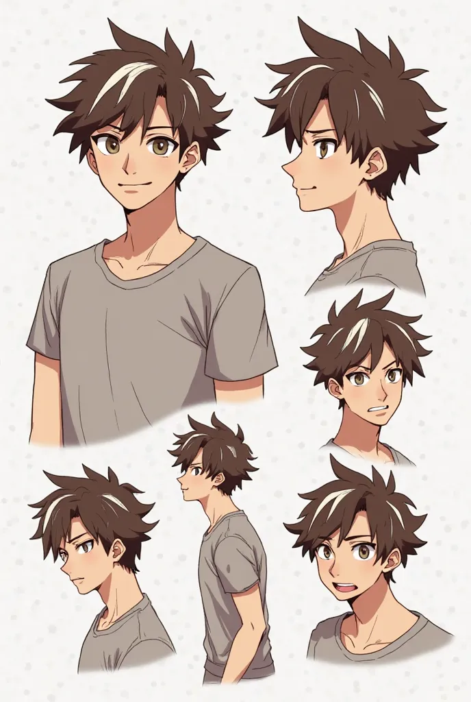 Generate me a character in different poses and in the my hero academia artstyle, they have tored sleepy eyes, brown hair with a white hair tips, hazel eyes, and he has a slim yet a little athletic figure, he’s attractive, and he’s a light tan.