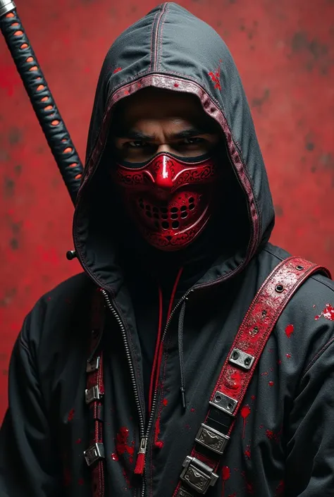 You can create an image of a masked person with a mask that covers the mouth, The color of the mask is black and red,, then the person wearing a shiny katana on their back, wearing social clothing/From ghetto/ cool , and has blood red and black or white? A...