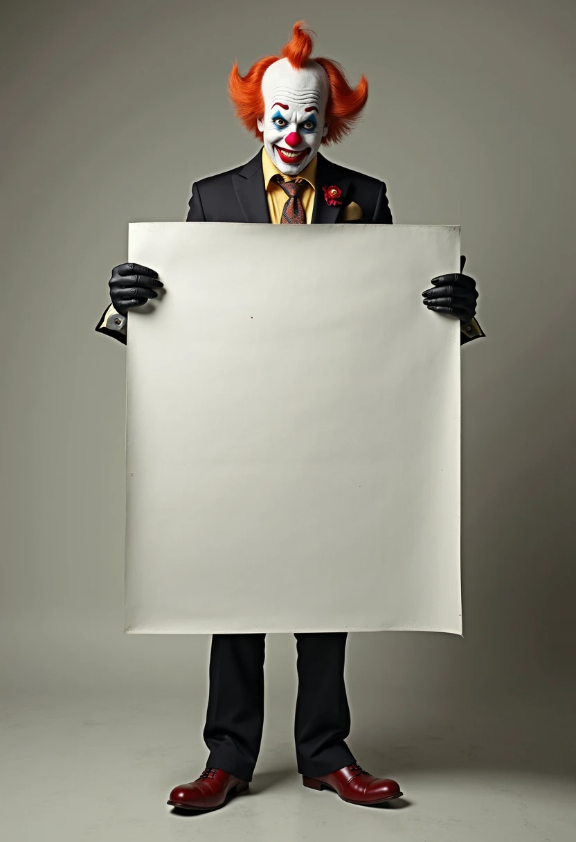 A clown wearing a formal suit holds a blank banner with a realistic image