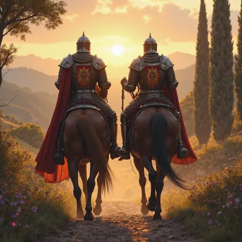 Two knights going horseback, Backview angle