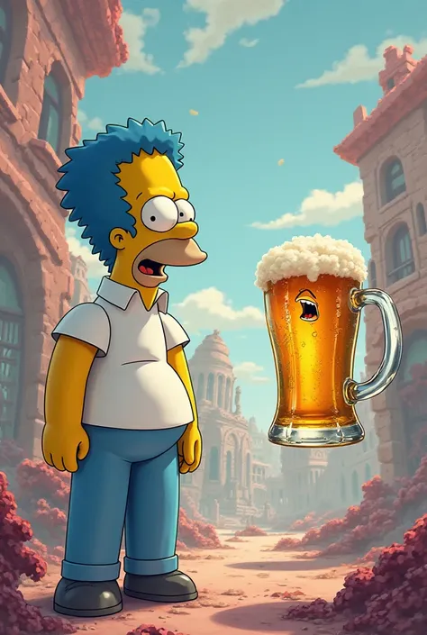 Create image of Hommer Simpsons with a talking beer mug